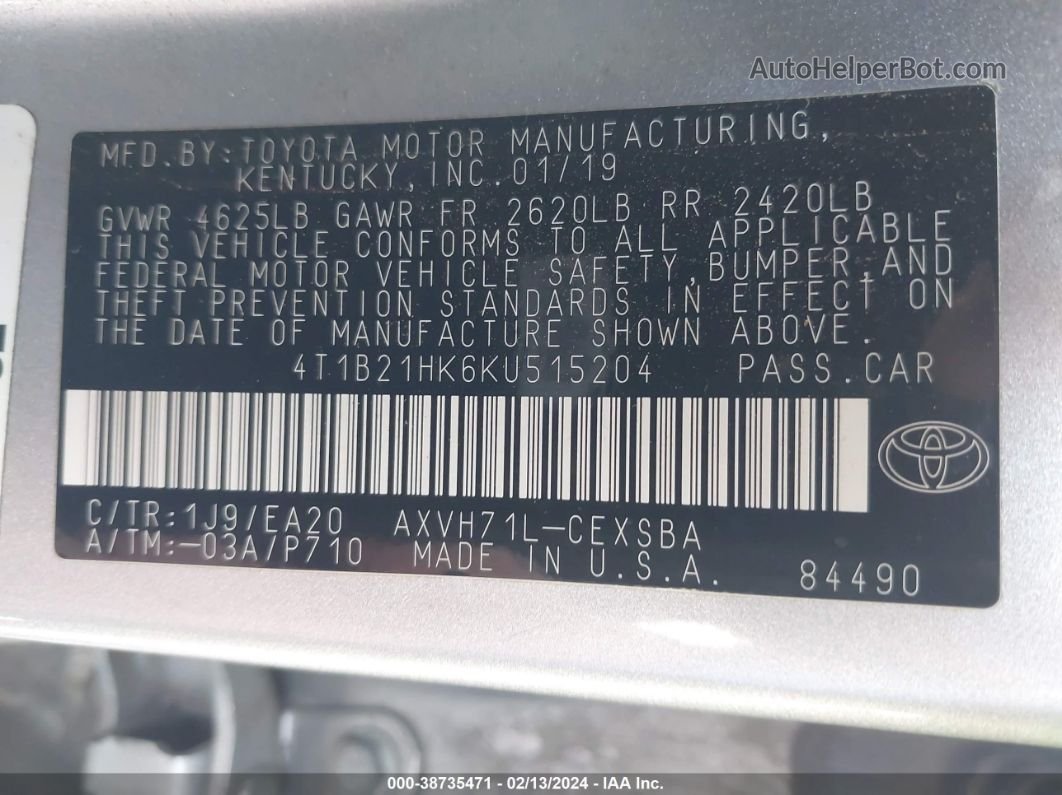 2019 Toyota Camry Hybrid Se Silver vin: 4T1B21HK6KU515204