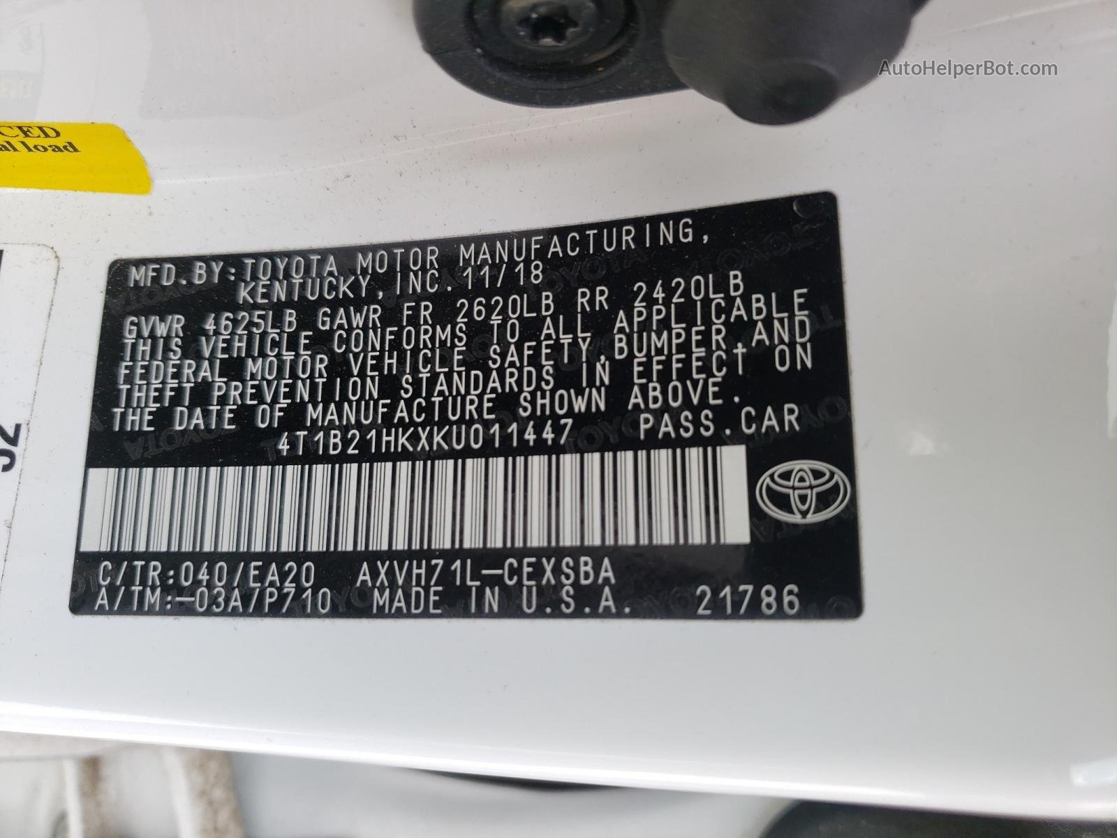 2019 Toyota Camry Hybrid Белый vin: 4T1B21HKXKU011447