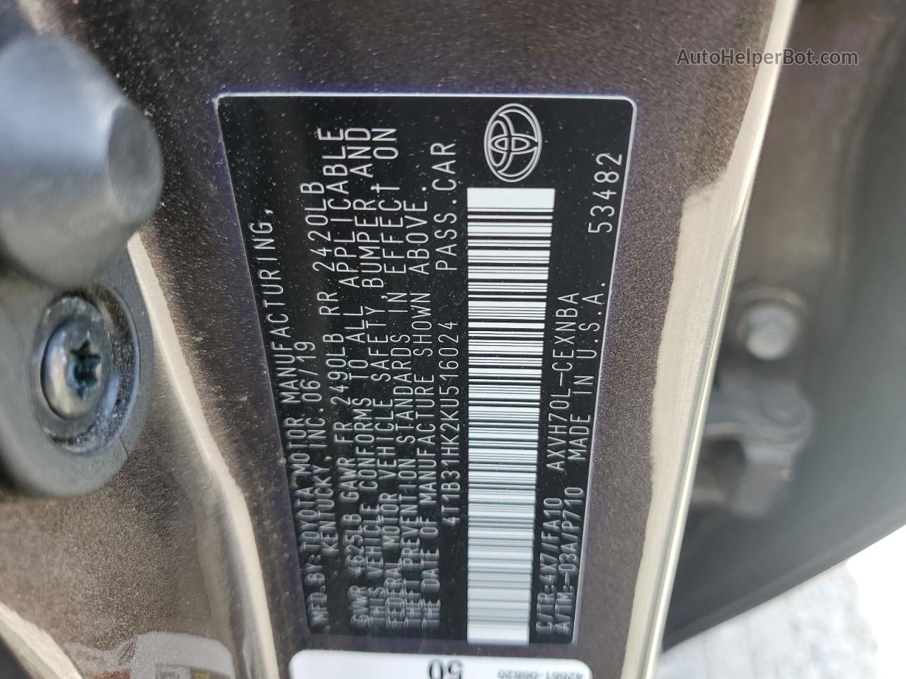 2019 Toyota Camry Le Gray vin: 4T1B31HK2KU516024