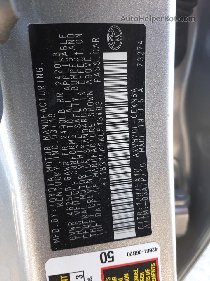 2019 Toyota Camry Le Silver vin: 4T1B31HK8KU513483
