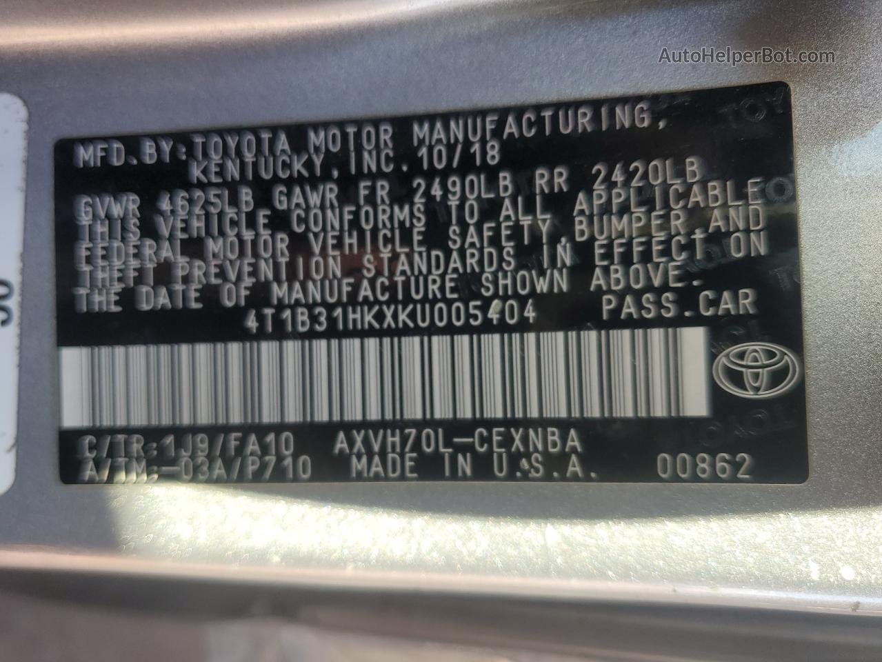 2019 Toyota Camry Le Серый vin: 4T1B31HKXKU005404