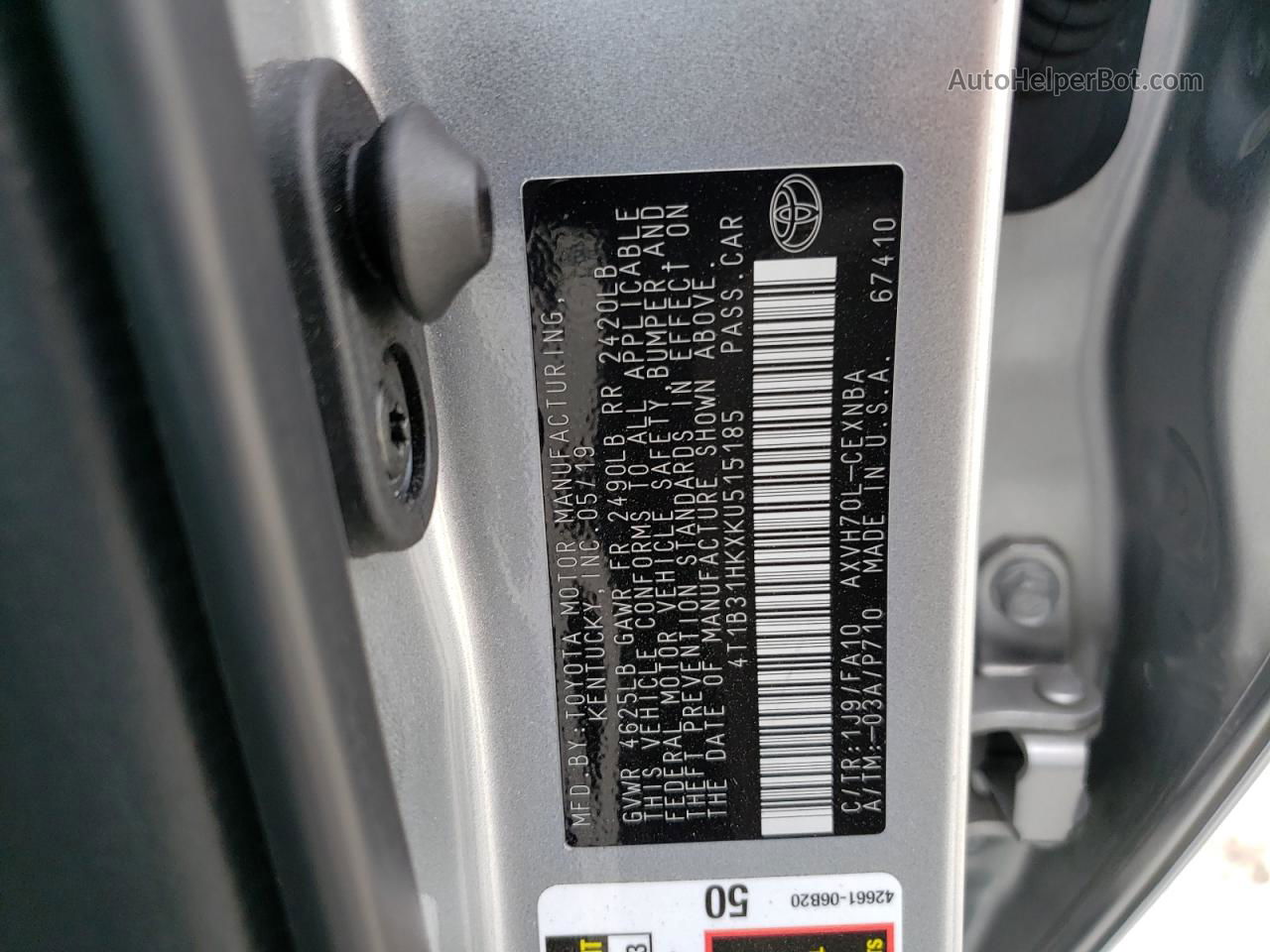 2019 Toyota Camry Le Silver vin: 4T1B31HKXKU515185