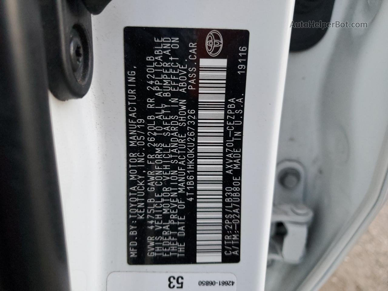 2019 Toyota Camry Xse Белый vin: 4T1B61HK0KU267326