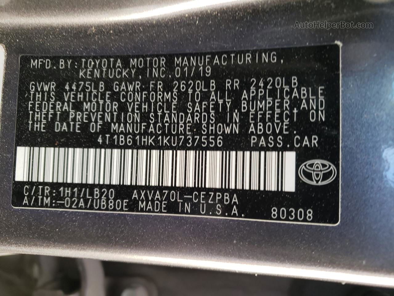 2019 Toyota Camry Xse Gray vin: 4T1B61HK1KU737556