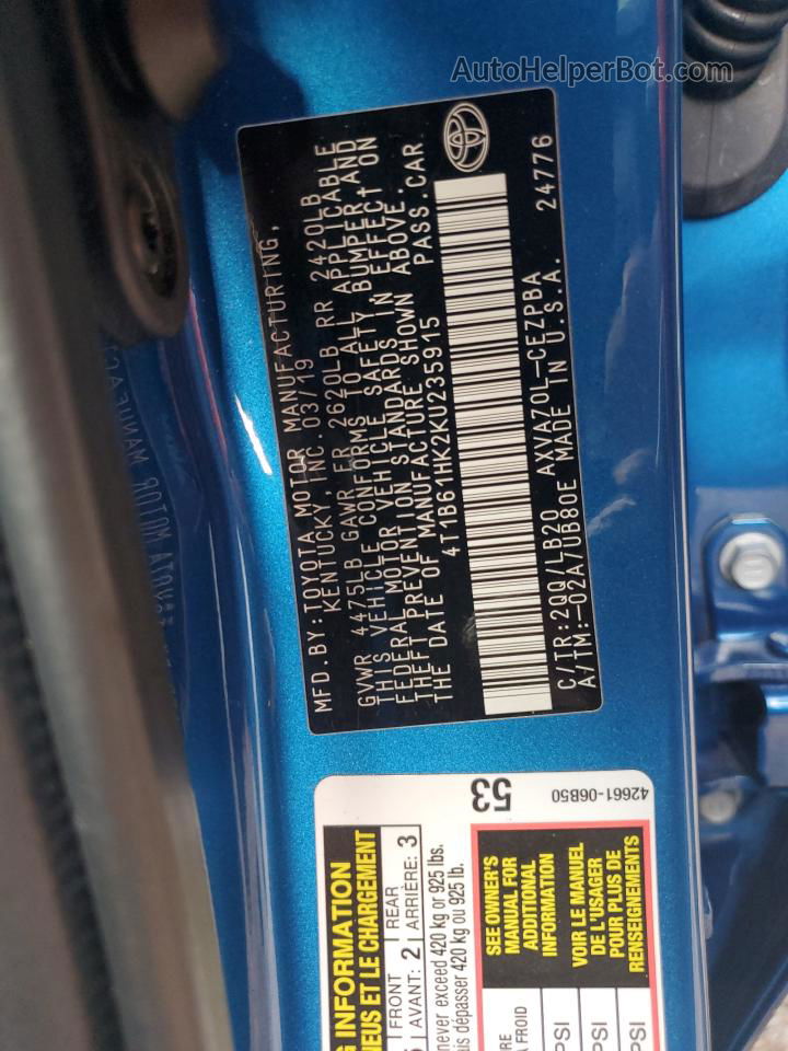 2019 Toyota Camry Xse Blue vin: 4T1B61HK2KU235915