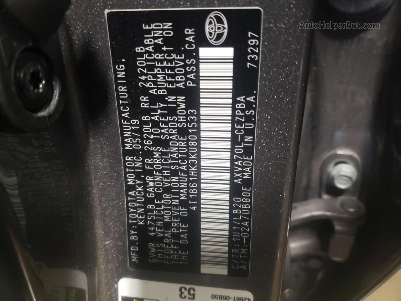 2019 Toyota Camry Xse Серый vin: 4T1B61HK3KU801533