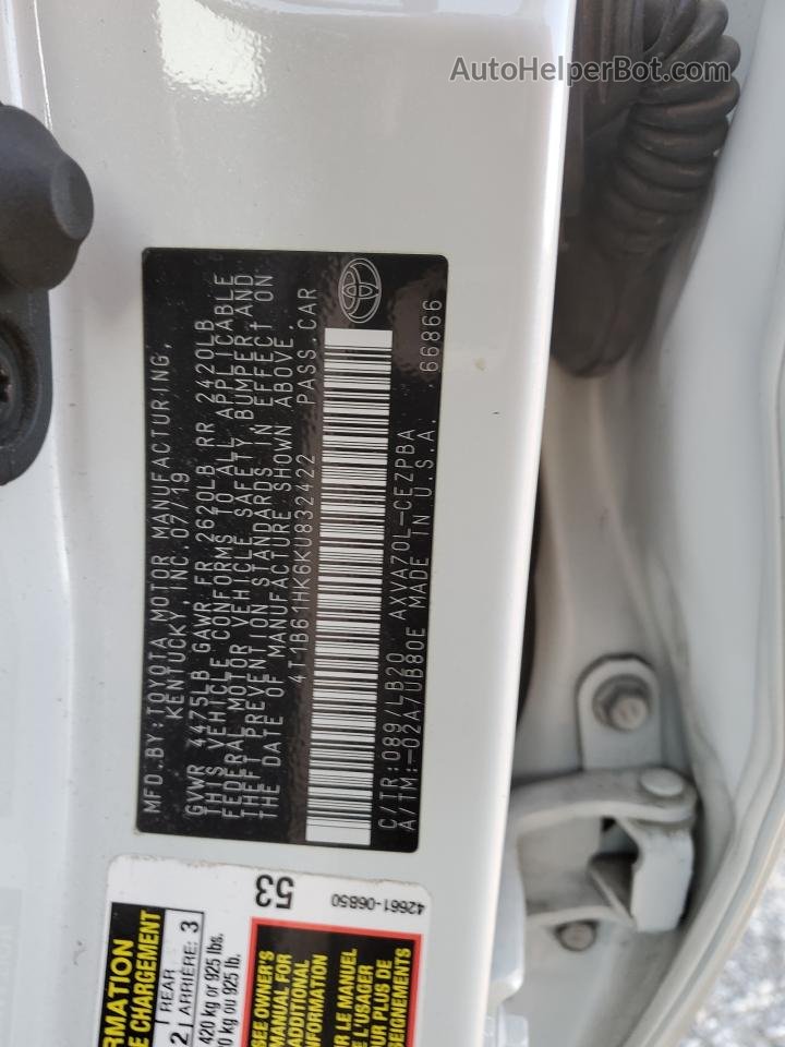2019 Toyota Camry Xse White vin: 4T1B61HK6KU832422