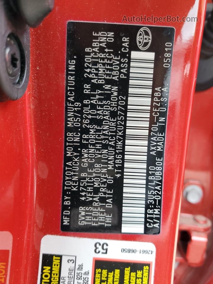 2019 Toyota Camry Xse Красный vin: 4T1B61HK7KU257702