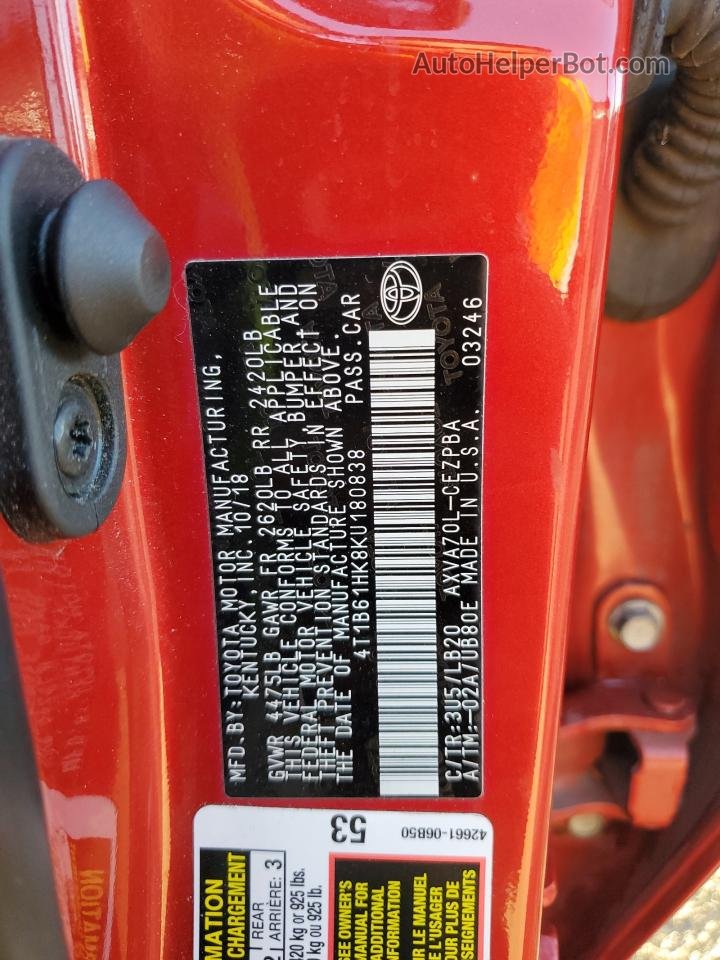 2019 Toyota Camry Xse Red vin: 4T1B61HK8KU180838