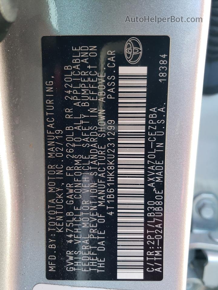 2019 Toyota Camry Xse Silver vin: 4T1B61HK8KU231299