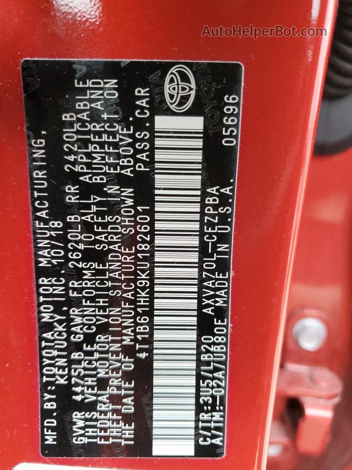 2019 Toyota Camry Xse Red vin: 4T1B61HK9KU182601
