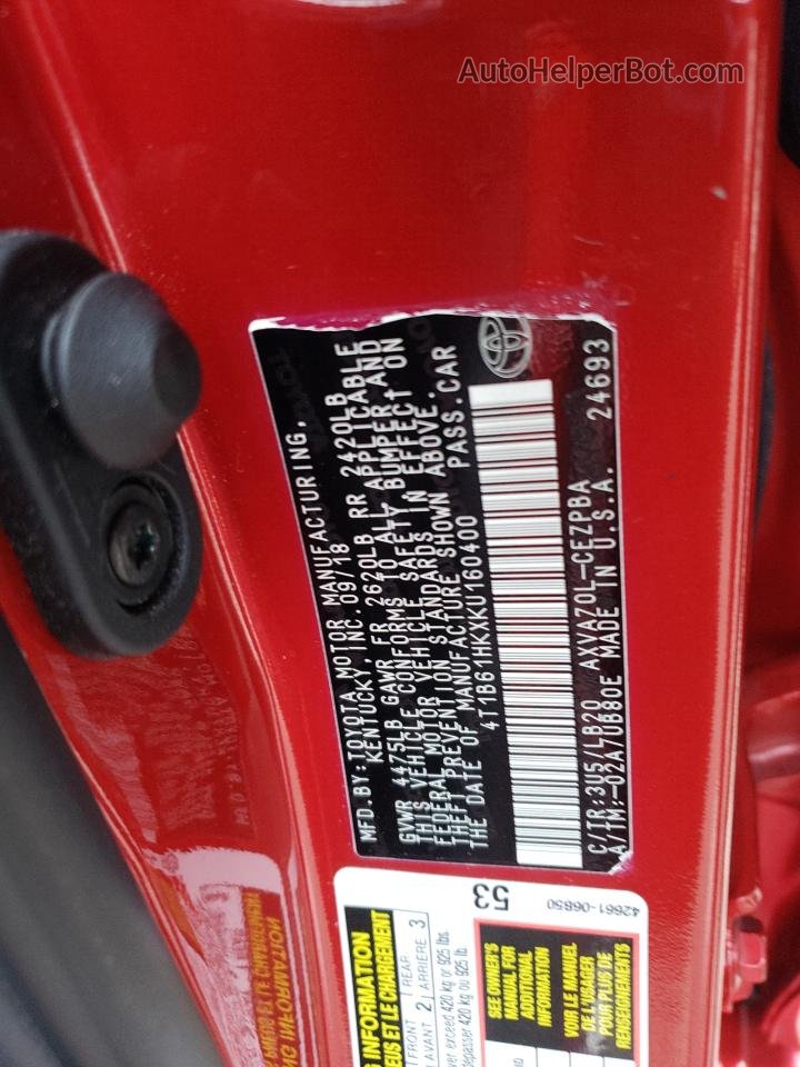 2019 Toyota Camry Xse Red vin: 4T1B61HKXKU160400