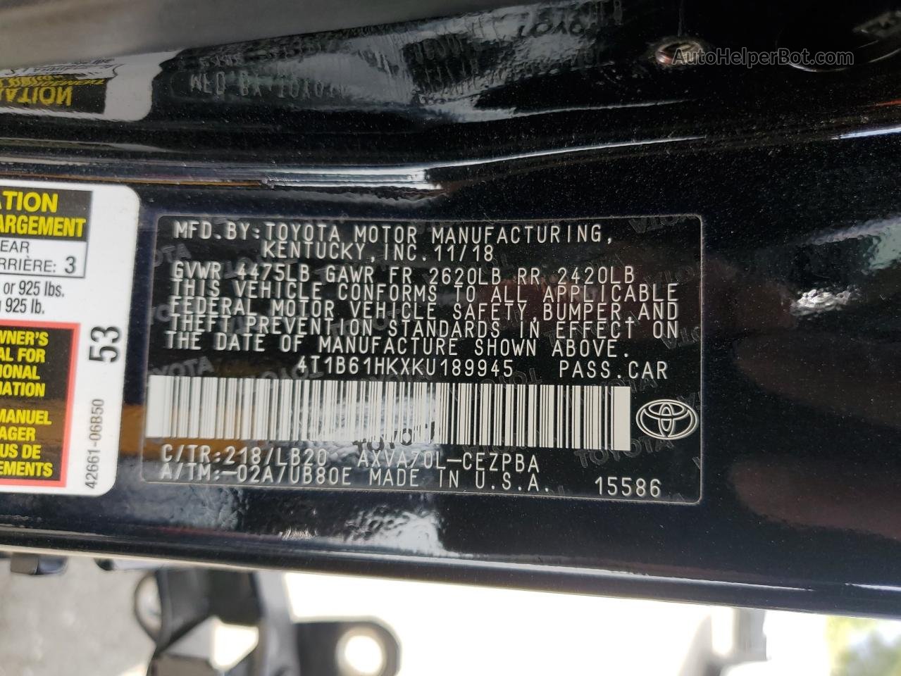 2019 Toyota Camry Xse Black vin: 4T1B61HKXKU189945