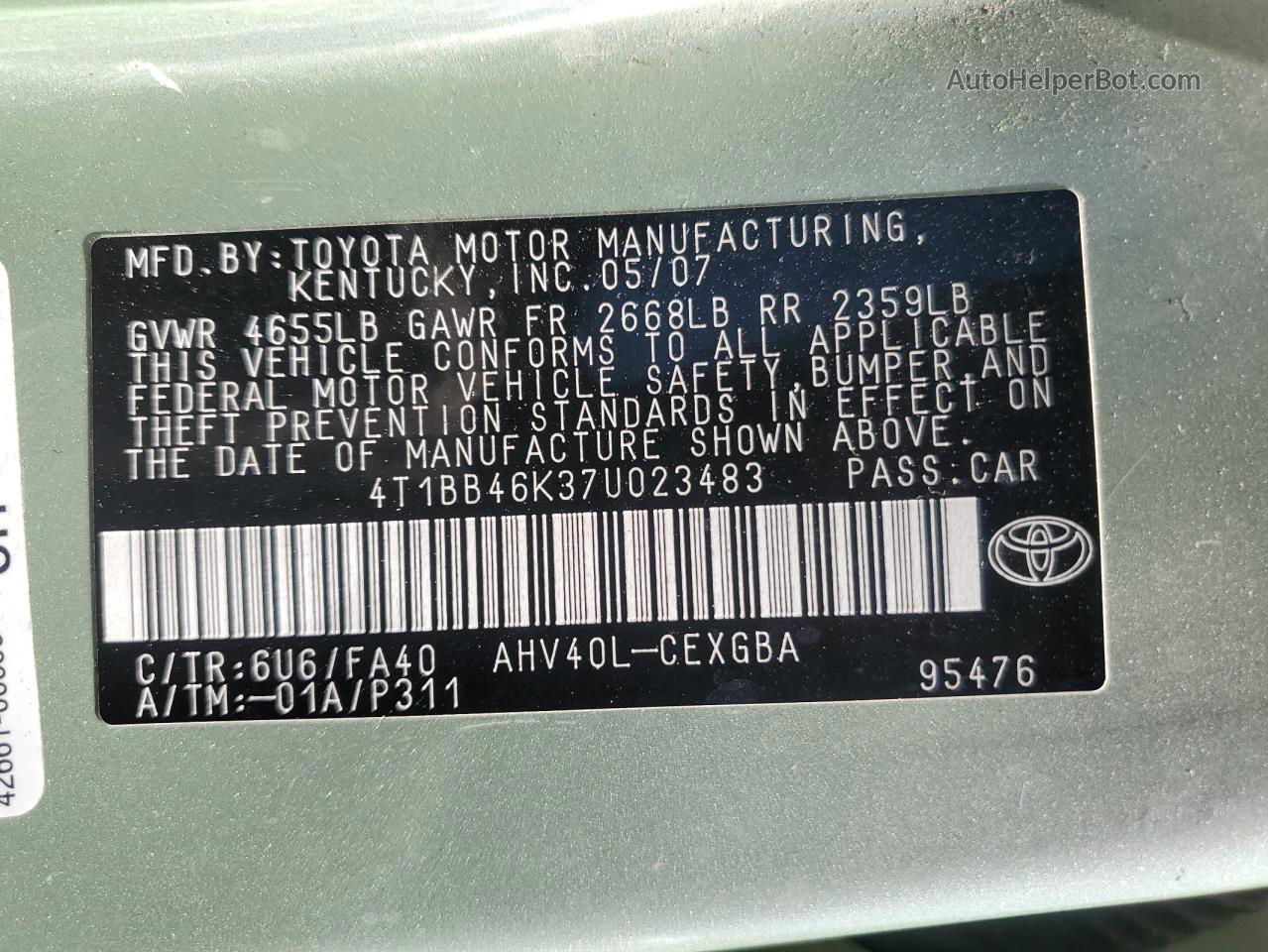 2007 Toyota Camry Hybrid Green vin: 4T1BB46K37U023483