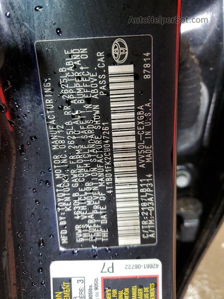 2012 Toyota Camry Hybrid Black vin: 4T1BD1FK2CU047261