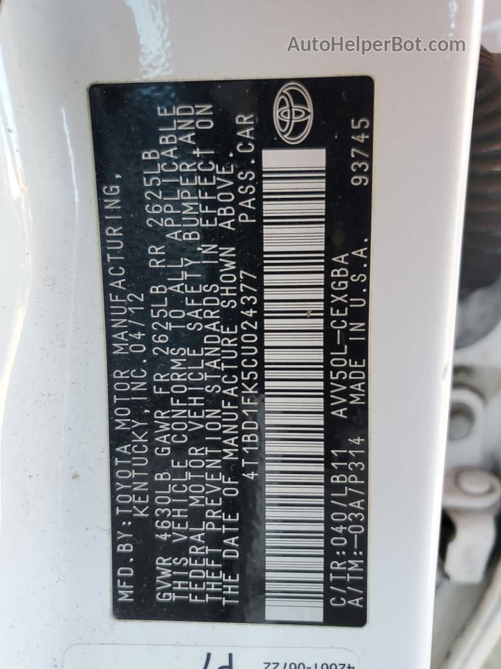2012 Toyota Camry Hybrid Белый vin: 4T1BD1FK5CU024377