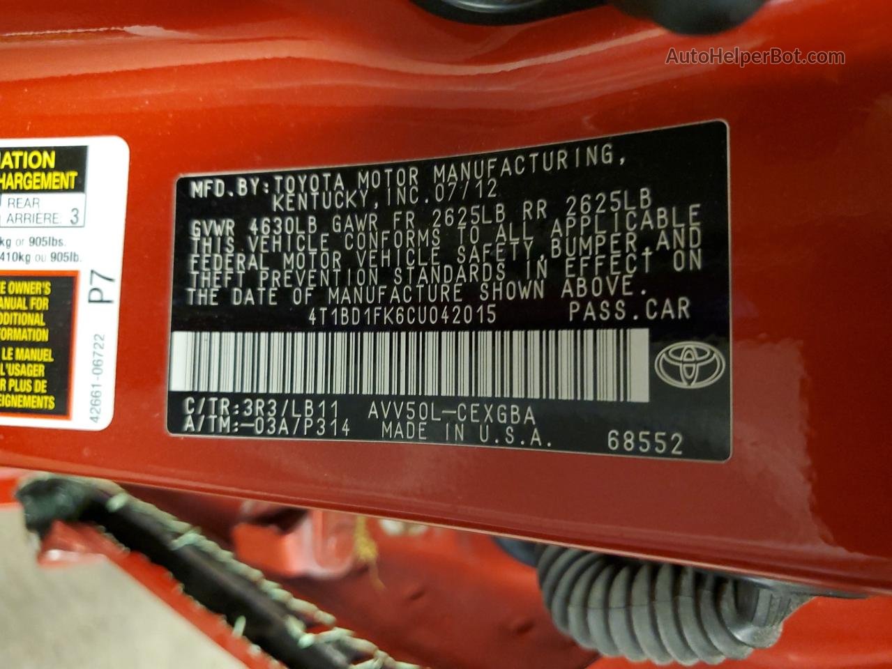 2012 Toyota Camry Hybrid Red vin: 4T1BD1FK6CU042015