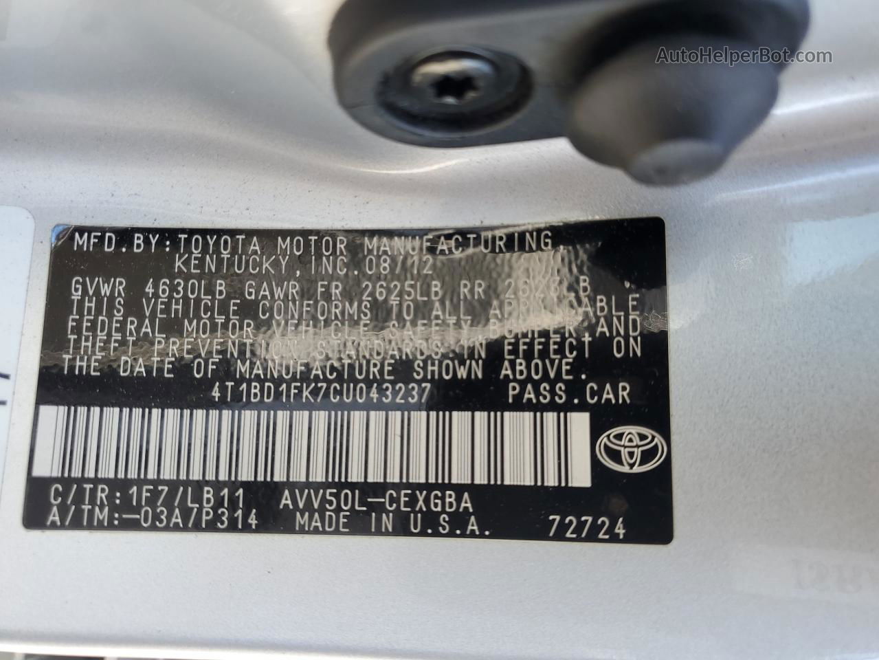 2012 Toyota Camry Hybrid Серебряный vin: 4T1BD1FK7CU043237