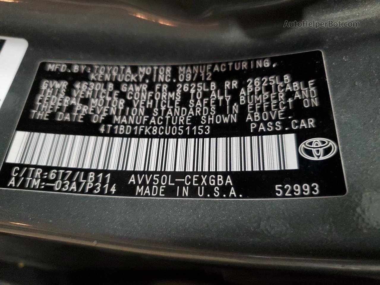 2012 Toyota Camry Hybrid Серый vin: 4T1BD1FK8CU051153