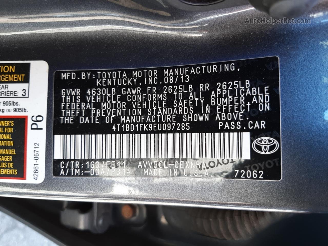 2014 Toyota Camry Hybrid Серый vin: 4T1BD1FK9EU097285