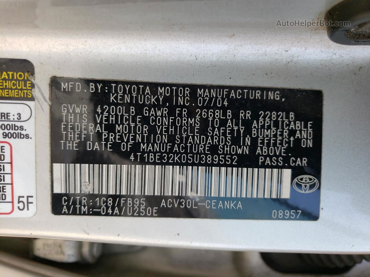 2005 Toyota Camry Le Silver vin: 4T1BE32K05U389552