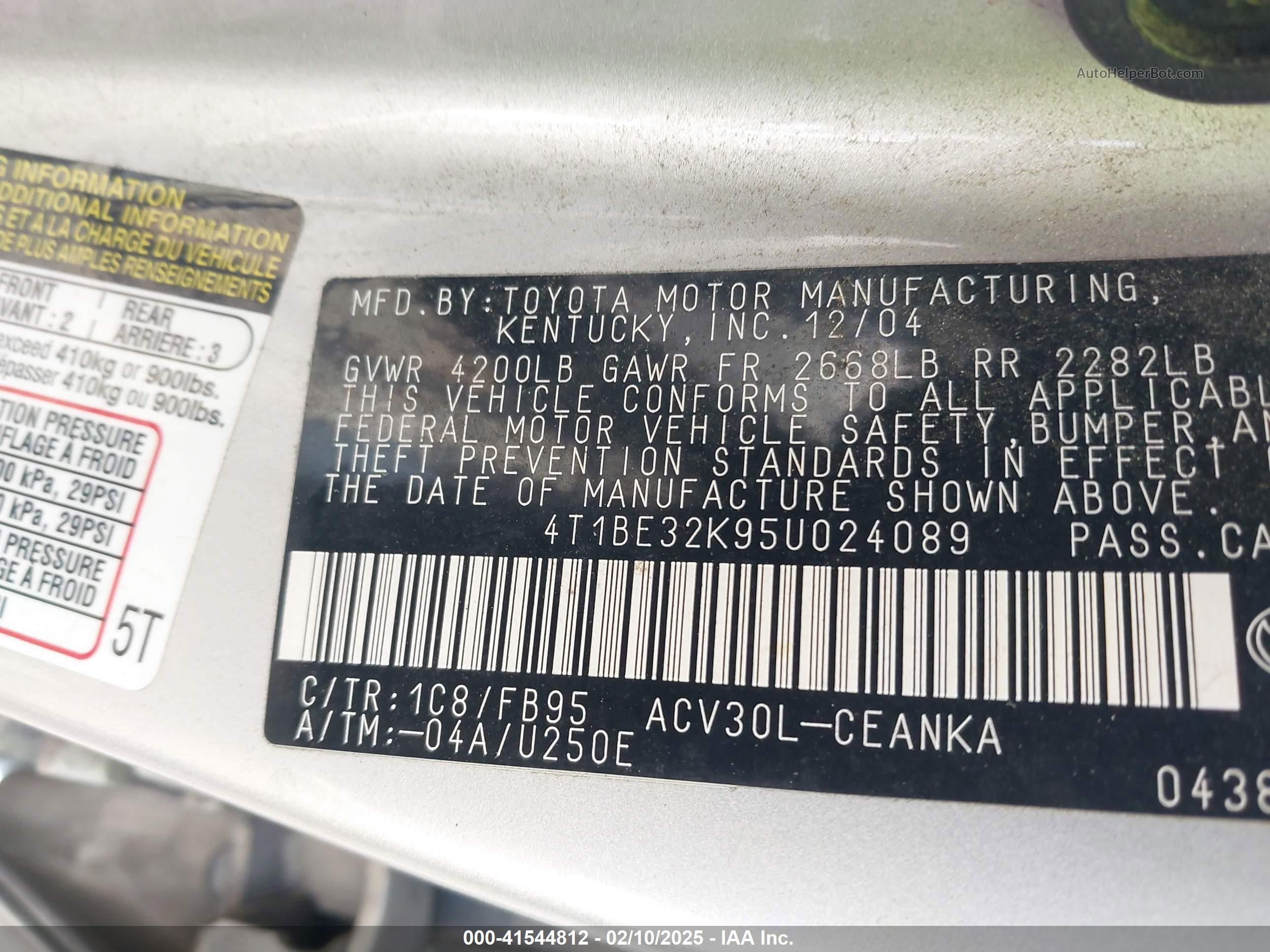 2005 Toyota Camry Std Серебряный vin: 4T1BE32K95U024089