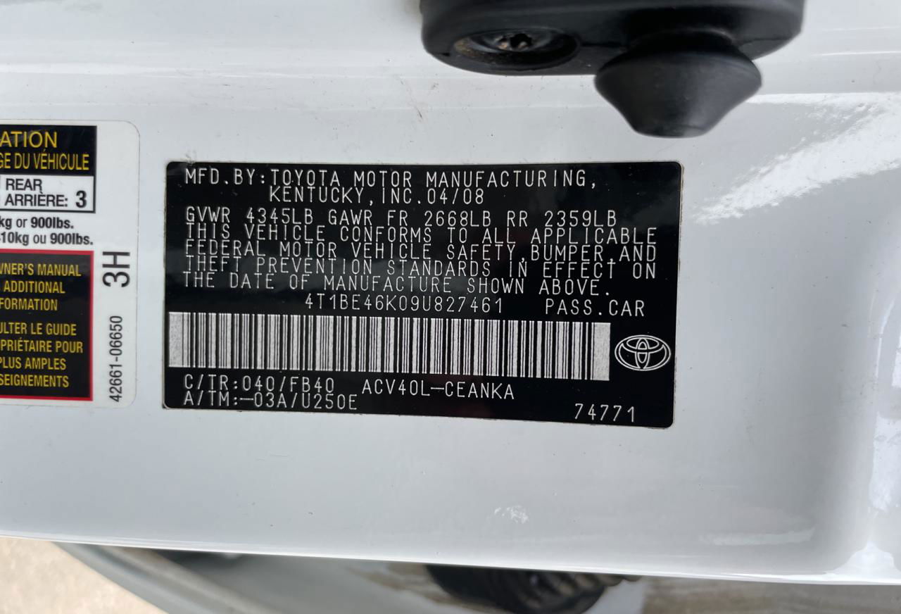 2009 Toyota Camry Base White vin: 4T1BE46K09U827461