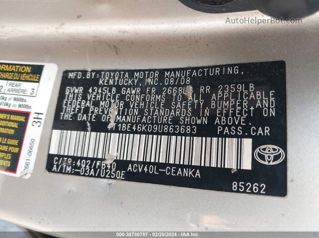 2009 Toyota Camry Le Золотой vin: 4T1BE46K09U863683