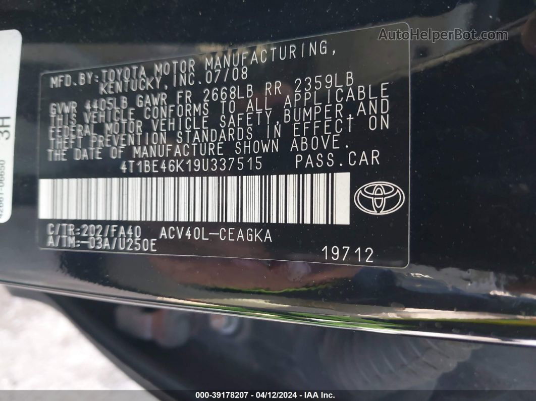 2009 Toyota Camry Xle Black vin: 4T1BE46K19U337515