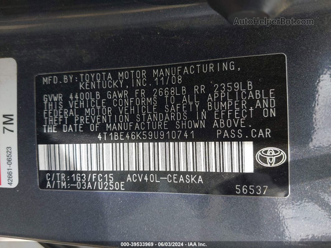 2009 Toyota Camry Se Gray vin: 4T1BE46K59U910741