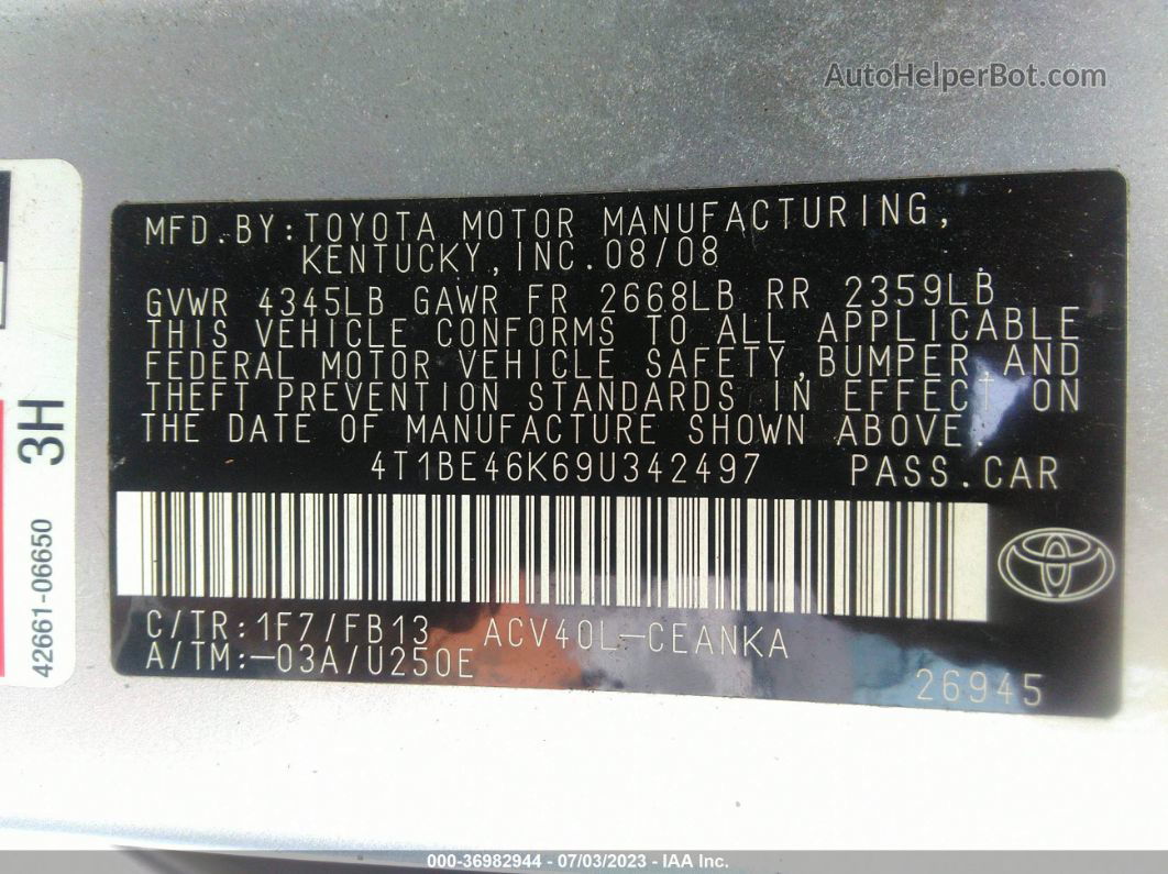 2009 Toyota Camry   Silver vin: 4T1BE46K69U342497