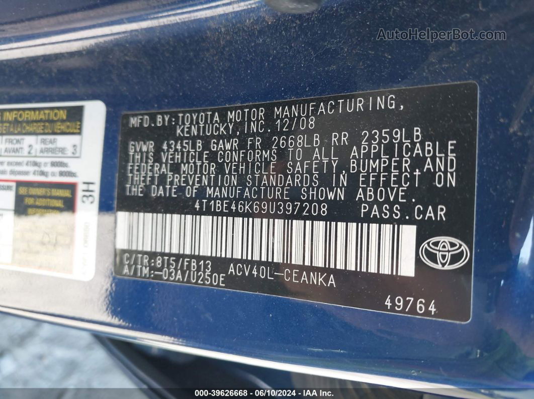 2009 Toyota Camry Le Blue vin: 4T1BE46K69U397208