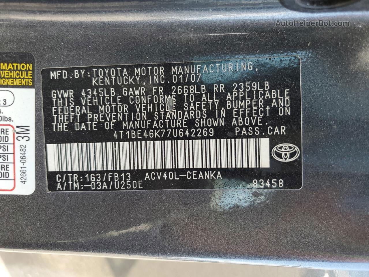 2007 Toyota Camry Ce Gray vin: 4T1BE46K77U642269