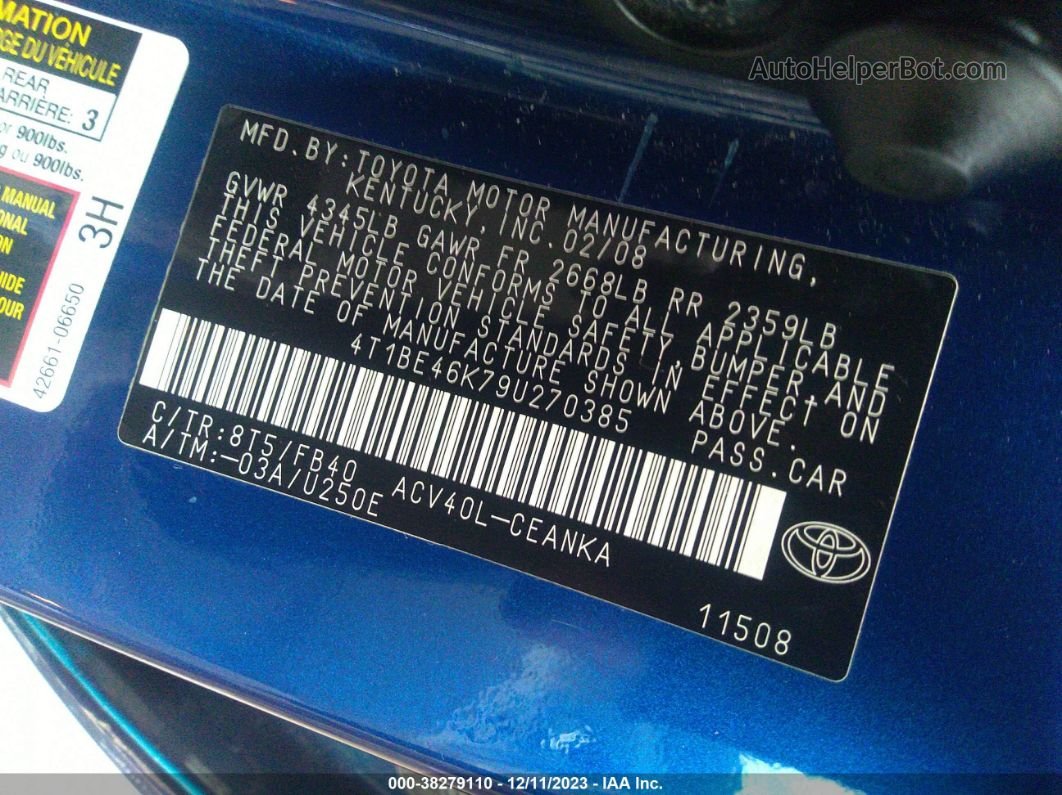 2009 Toyota Camry Le Синий vin: 4T1BE46K79U270385
