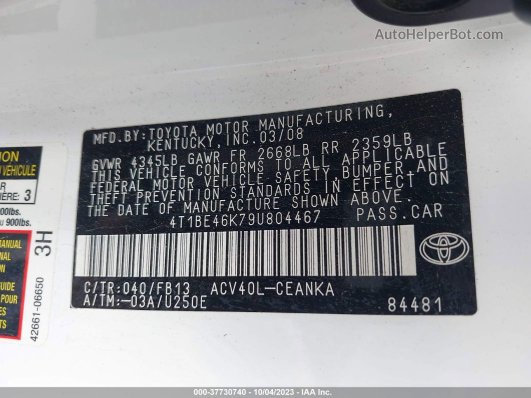 2009 Toyota Camry Xle/se/le Белый vin: 4T1BE46K79U804467