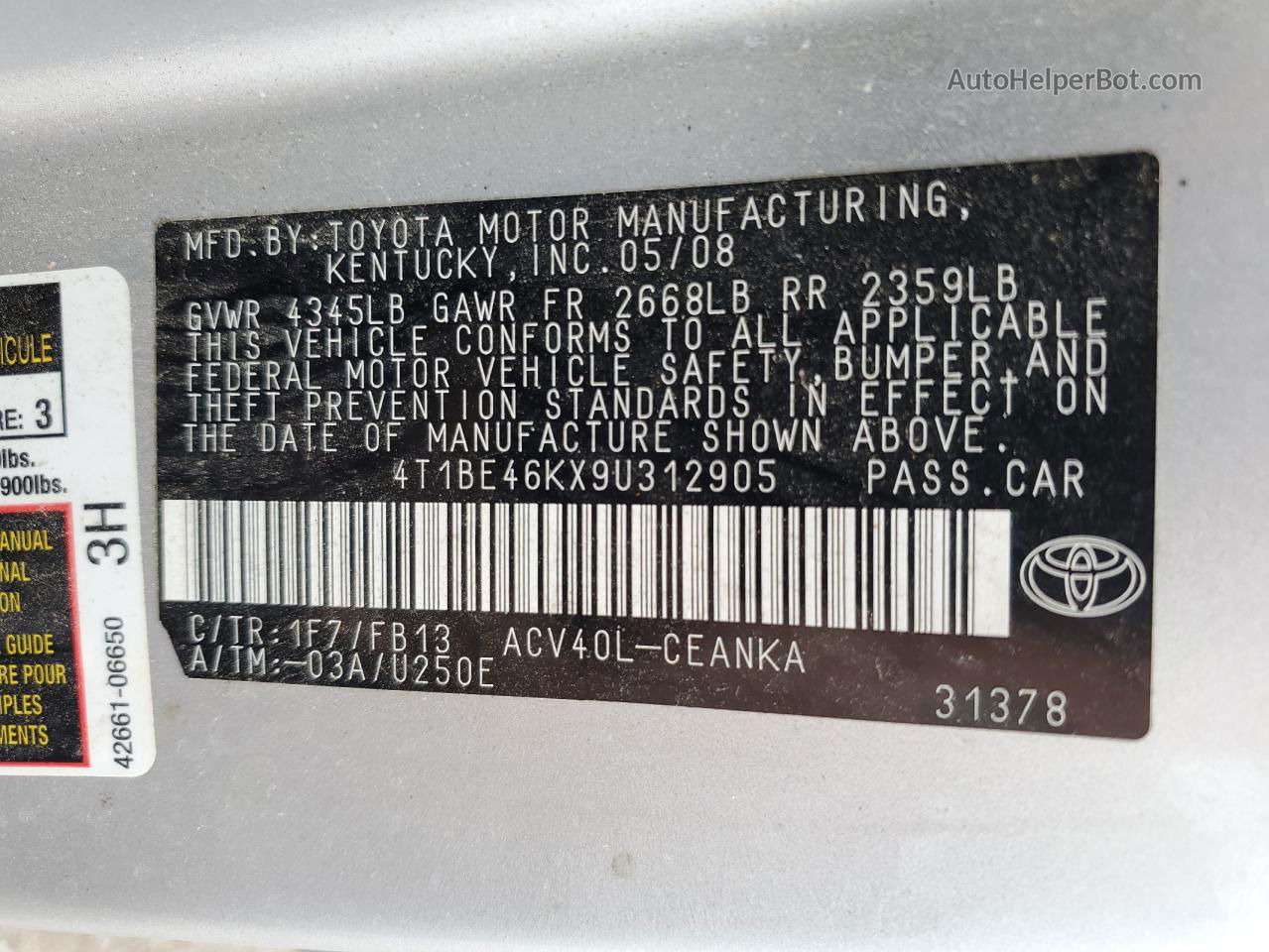 2009 Toyota Camry Base Silver vin: 4T1BE46KX9U312905