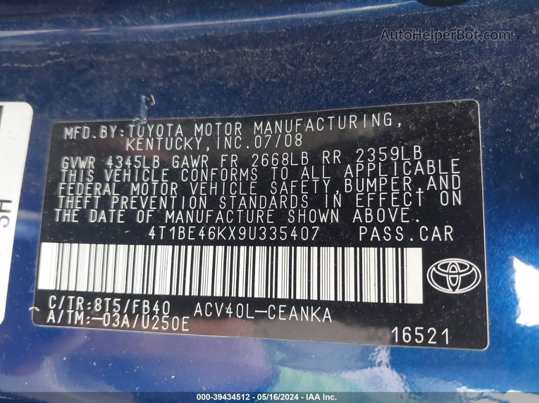 2009 Toyota Camry   Blue vin: 4T1BE46KX9U335407