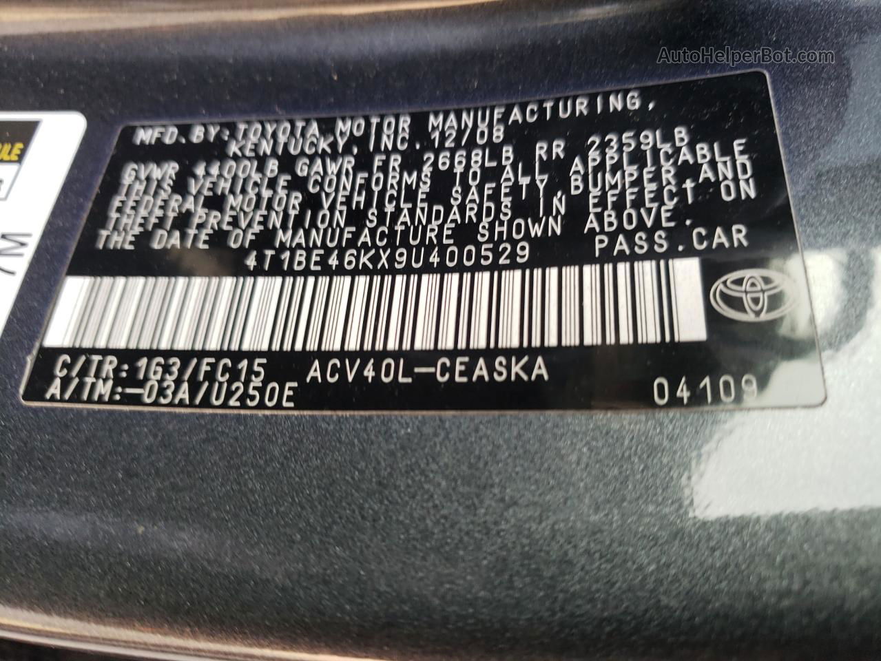 2009 Toyota Camry Base Charcoal vin: 4T1BE46KX9U400529