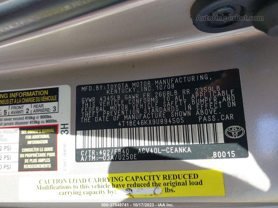 2009 Toyota Camry   Pewter vin: 4T1BE46KX9U894505