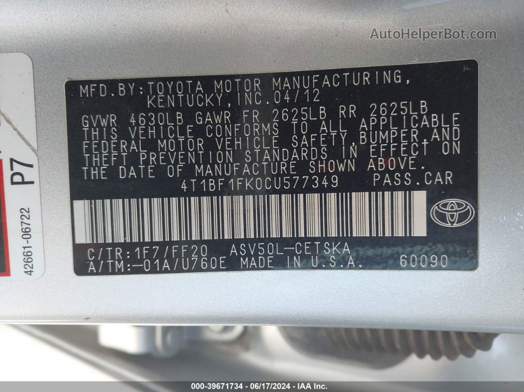 2012 Toyota Camry Se Серебряный vin: 4T1BF1FK0CU577349