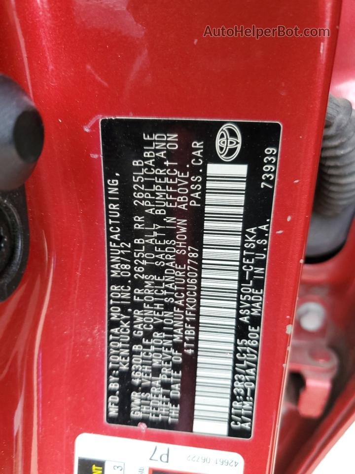 2012 Toyota Camry Base Красный vin: 4T1BF1FK0CU607787