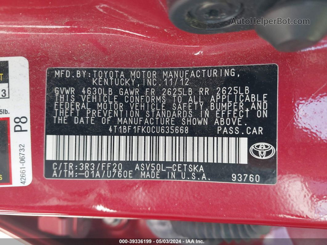 2012 Toyota Camry Se Limited Edition Red vin: 4T1BF1FK0CU635668