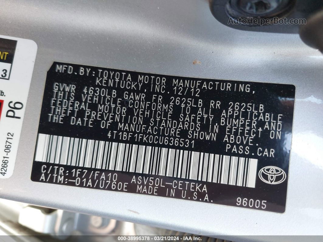 2012 Toyota Camry L Silver vin: 4T1BF1FK0CU636531