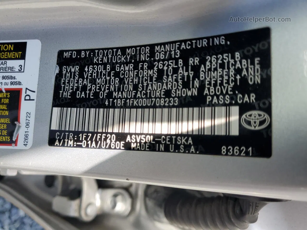 2013 Toyota Camry L Silver vin: 4T1BF1FK0DU708233