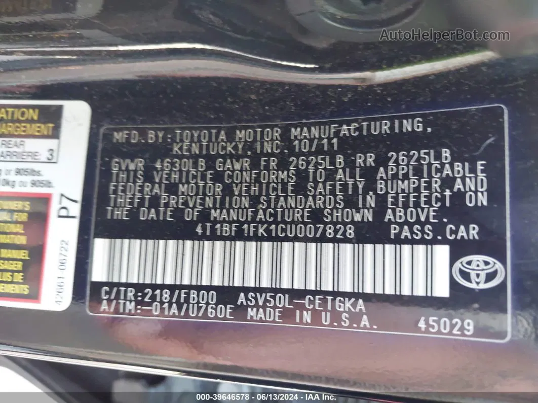 2012 Toyota Camry Xle Черный vin: 4T1BF1FK1CU007828