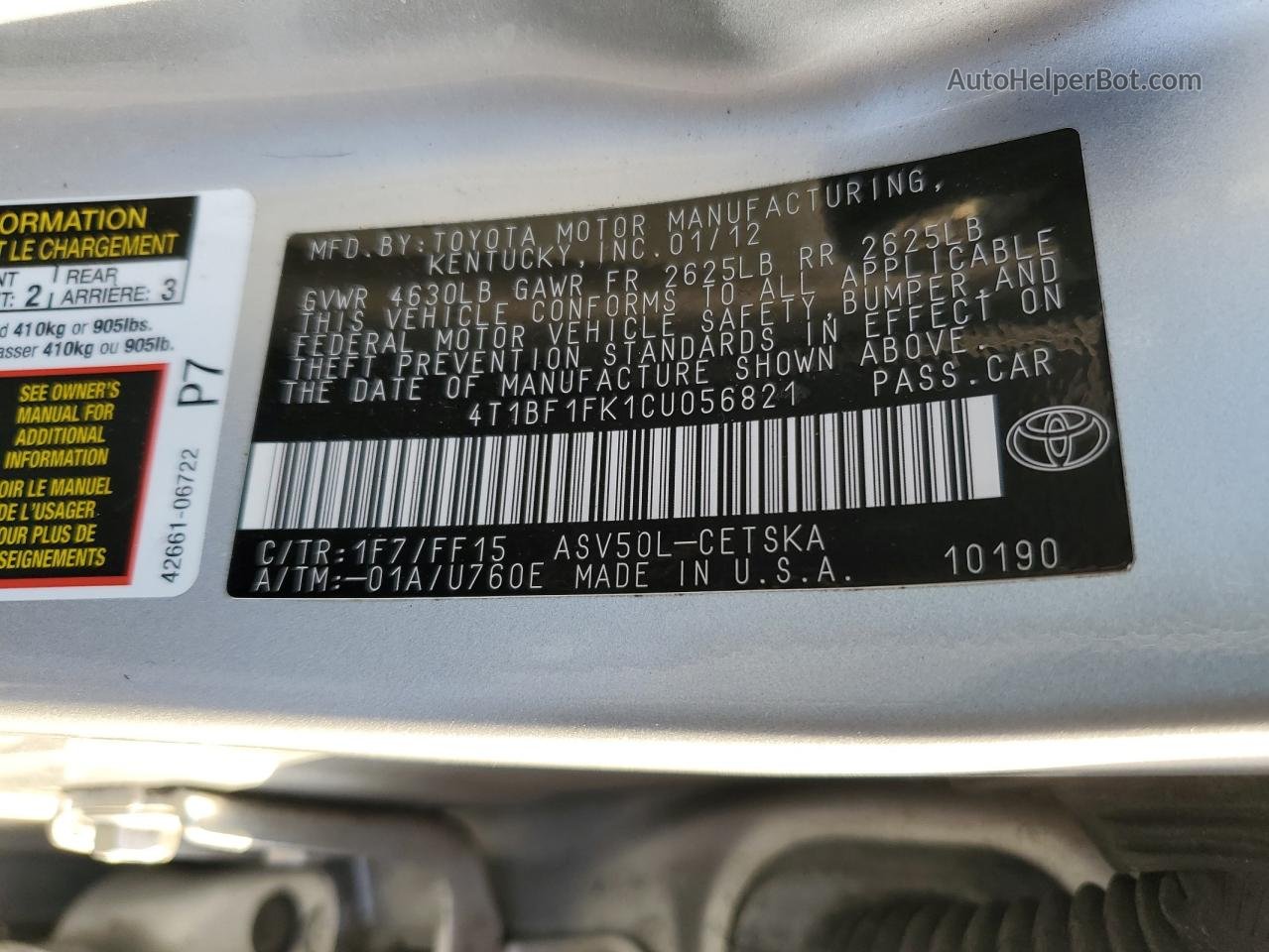 2012 Toyota Camry Base Silver vin: 4T1BF1FK1CU056821