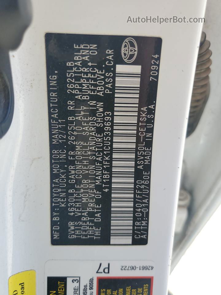 2012 Toyota Camry Base White vin: 4T1BF1FK1CU539693