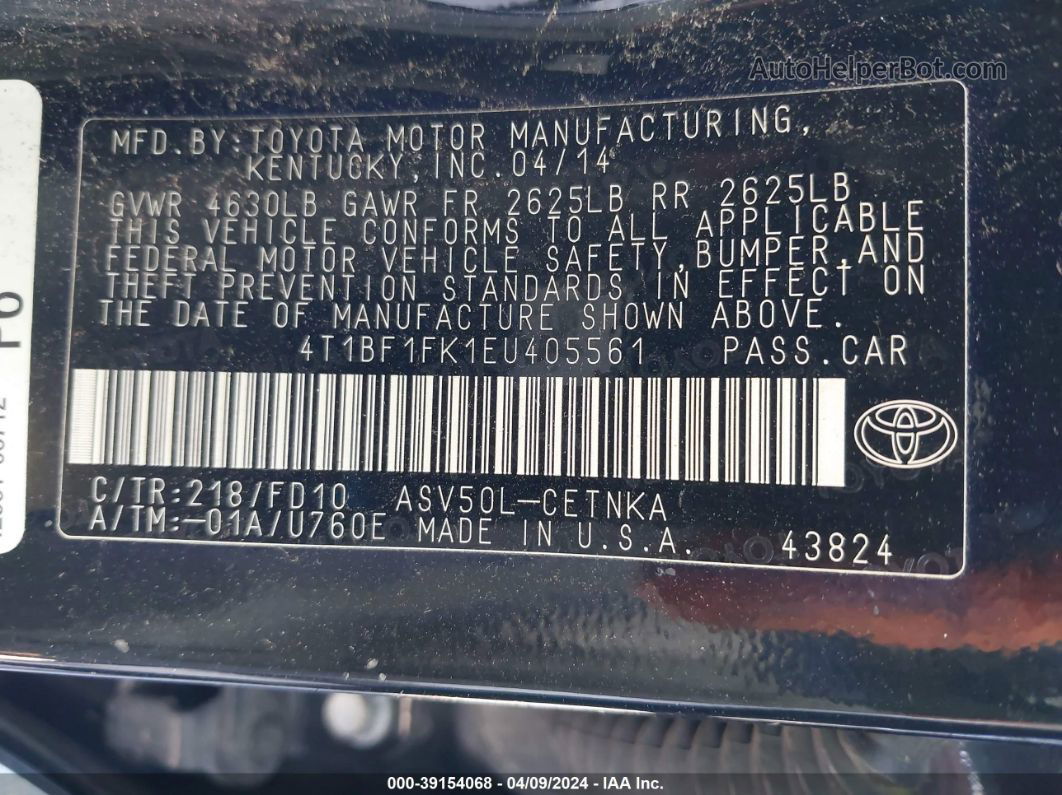 2014 Toyota Camry Le Black vin: 4T1BF1FK1EU405561