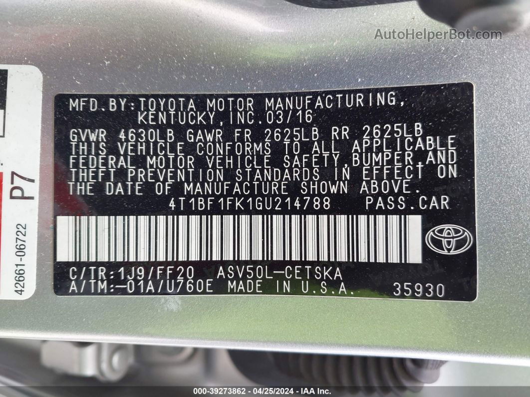 2016 Toyota Camry Se Silver vin: 4T1BF1FK1GU214788