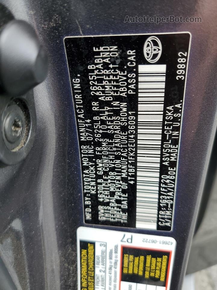 2014 Toyota Camry L Gray vin: 4T1BF1FK2EU436091